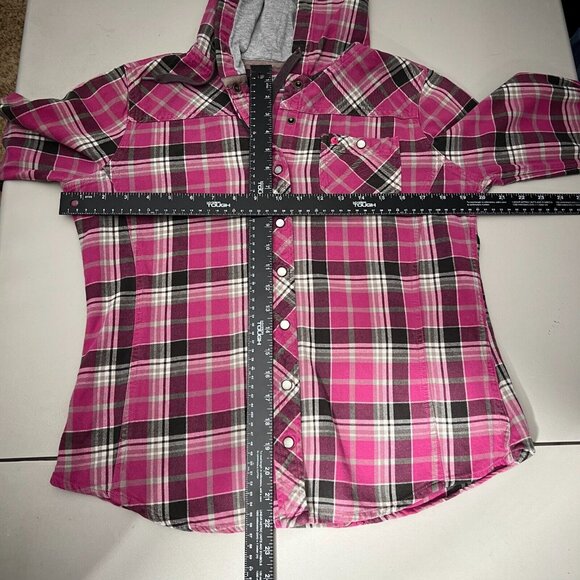 Carhartt Flannel Shirt Womens Small Pink Plaid‎ Hooded Pearl Snap Rugged Shacket - Picture 2 of 9